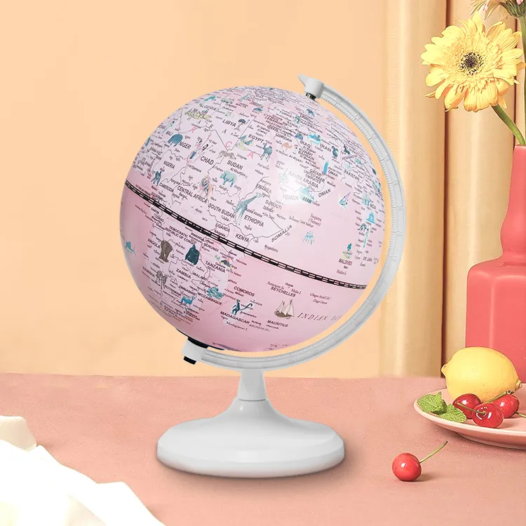 20cm (8") Pink Cartoon World Globe with White Painted Metal Base & Numbered Meridian - World Globe